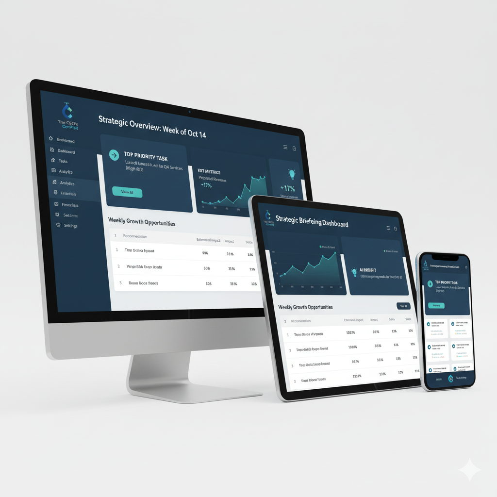 Strategic Briefing Dashboard shown on desktop, tablet, and mobile devices